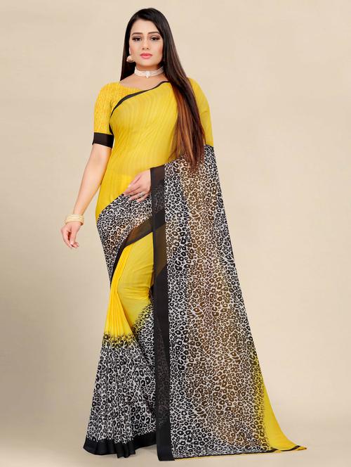yellow georgette printed saree with blouse - 19532837 - Very Small Image - 1