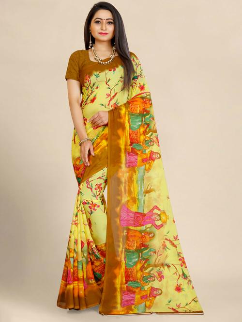 yellow georgette printed saree with blouse - 19532850 - Very Small Image - 1