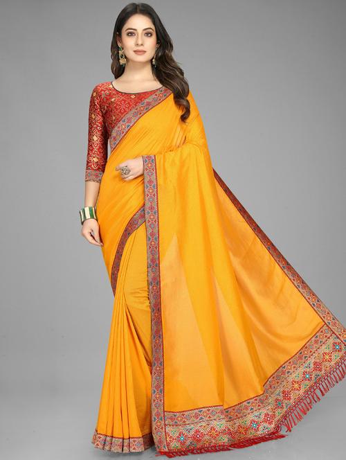 women's self design mustard colored saree with blouse - 19532942 - Very Small Image - 1