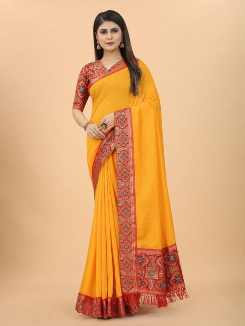 women's bordered mustard colored saree with blouse - 19533021 - Very Small Image - 1