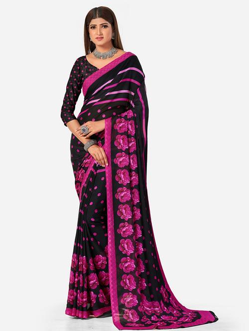 women's printed black colored saree with blouse - 19533138 - Very Small Image - 1