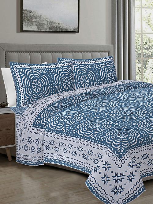 texstylers blue cotton 108 x 108 inches jaipuri king size bedsheet with 2 pillow covers - 19558759 - Very Small Image - 1