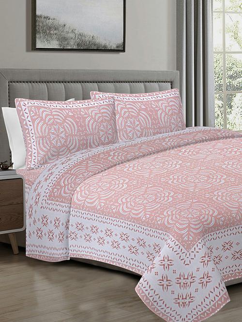 texstylers light pink cotton 108 x 108 inches jaipuri king size bedsheet with 2 pillow covers - 19558760 - Very Small Image - 1