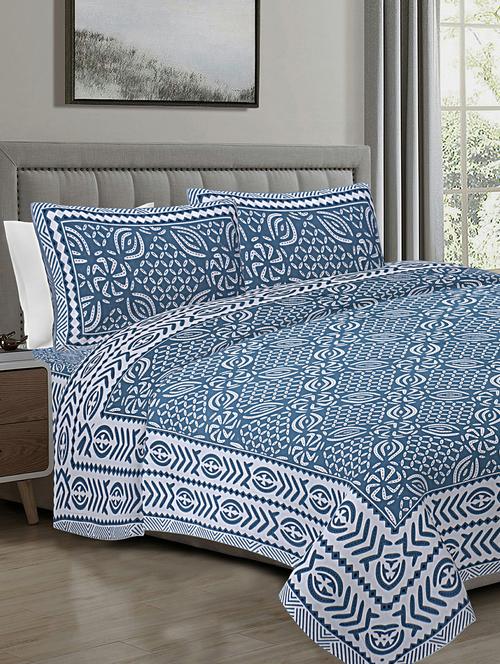 texstylers blue cotton 108 x 108 inches jaipuri king size bedsheet with 2 pillow covers - 19558780 - Very Small Image - 1