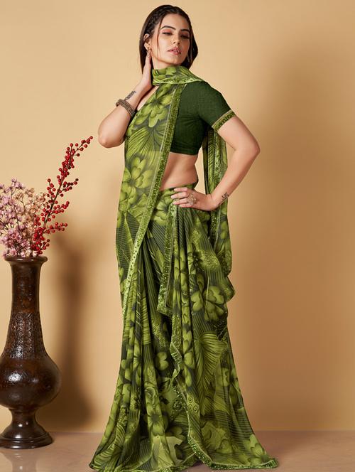 green georgette printed saree with blouse - 19561221 - Very Small Image - 1