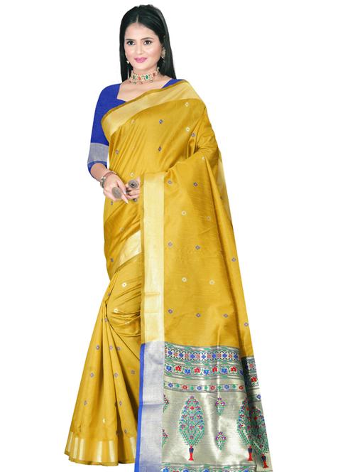 mustard yellow self design woven saree with blouse - 19561232 - Very Small Image - 1