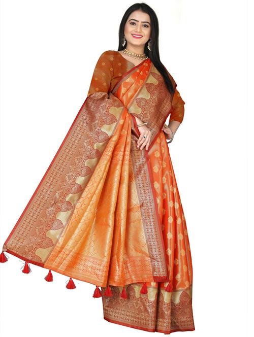 orange silk blend kanjivaram saree with blouse - 19561236 - Very Small Image - 1