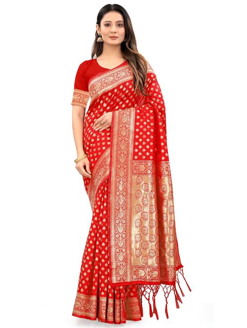 red cotton blend saree with blouse - 19561255 - Very Small Image - 1