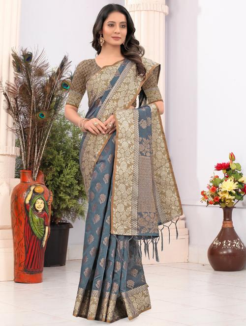 self design chanderi saree with blouse - 19561359 - Very Small Image - 1