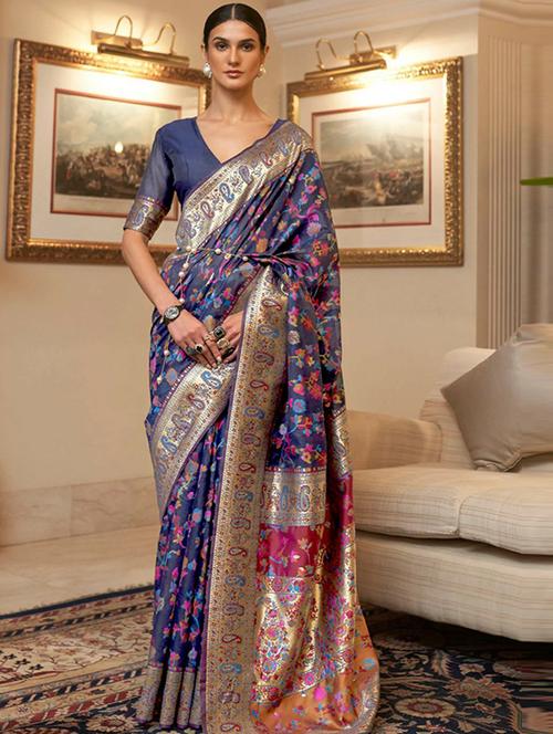 women's self design navy blue colored saree with blouse - 19561441 - Very Small Image - 1