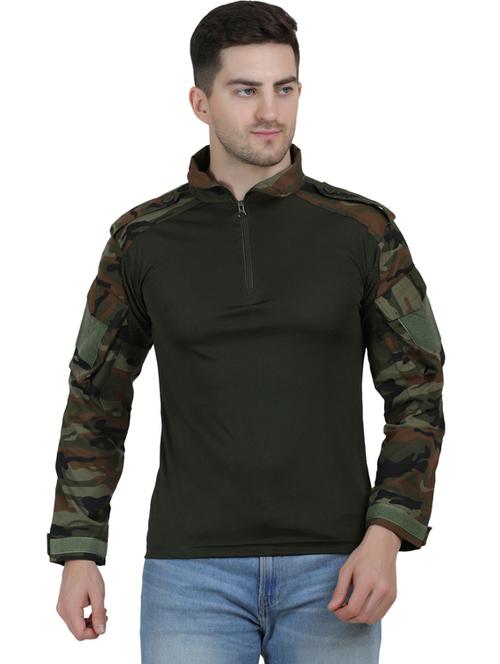 olive camouflage print long sleeves collared t-shirt - 19565759 - Very Small Image - 1