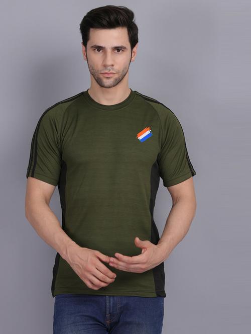 olive round neck taped poly blend regular t-shirt - 19565772 - Very Small Image - 1