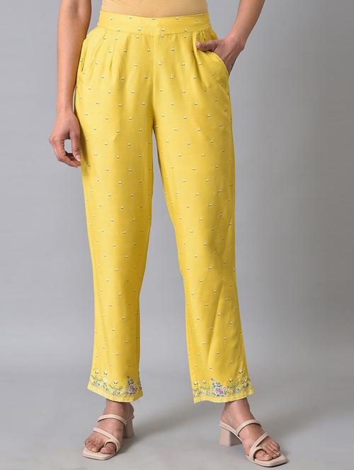 yellow viscose printed pleated trouser - 19567134 - Very Small Image - 1