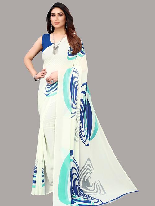 white printed saree with blouse - 19567303 - Very Small Image - 1