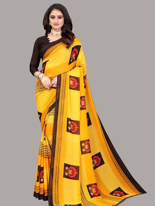 yellow floral printed saree with blouse - 19567317 - Very Small Image - 1
