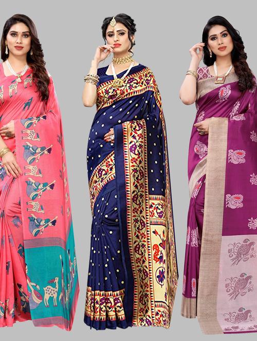 pack of 3 printed sarees with blouse - 19567650 - Very Small Image - 1