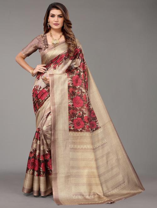 floral printed saree with blouse - 19567909 - Very Small Image - 1