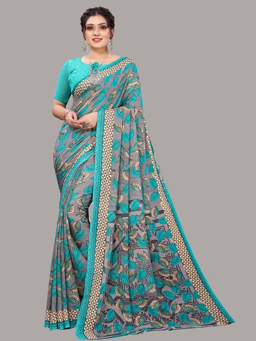 contrast bordered printed saree with blouse - 19567990 - Very Small Image - 1