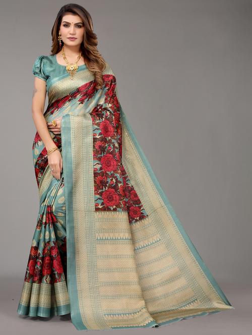 contrast bordered printed saree with blouse - 19568001 - Very Small Image - 1