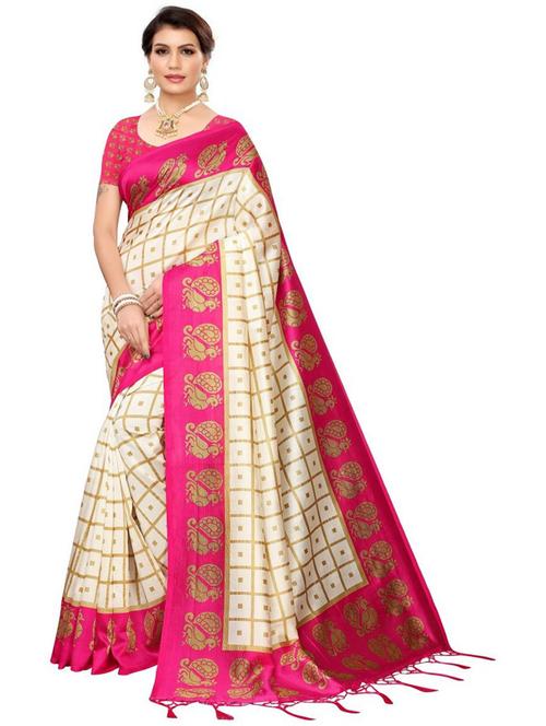 contrast bordered printed saree with blouse - 19568014 - Very Small Image - 1
