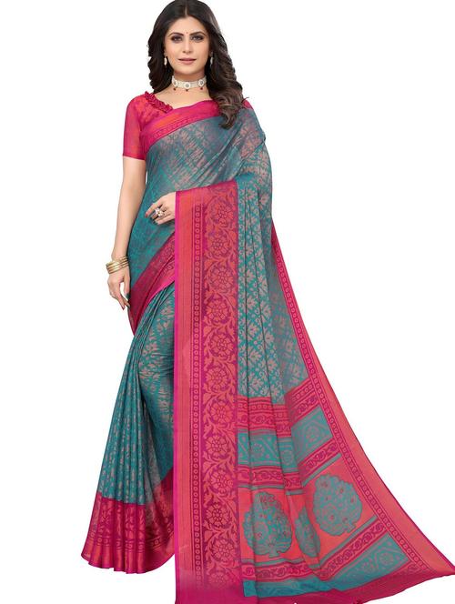 blue floral printed self design saree with blouse - 19568353 - Very Small Image - 1