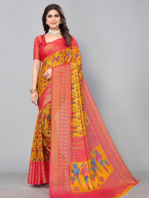 yellow woven self design with saree blouse with blouse - 19568399 - Very Small Image - 1