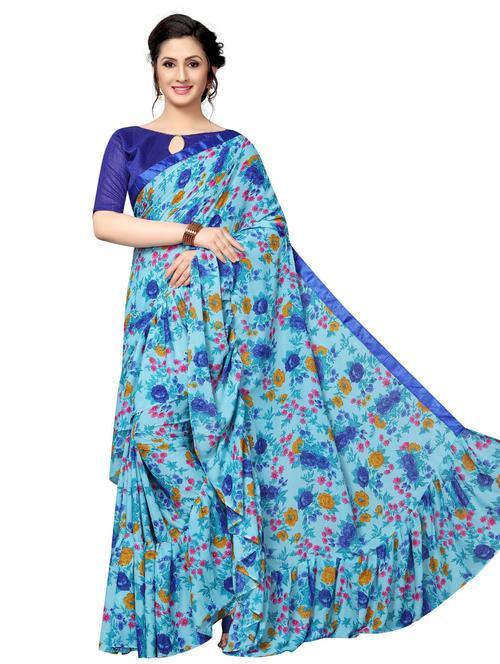 blue printed saree with blouse - 19568418 - Very Small Image - 1