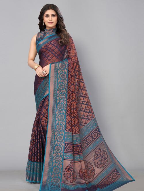 blue printed saree with blouse - 19568421 - Very Small Image - 1