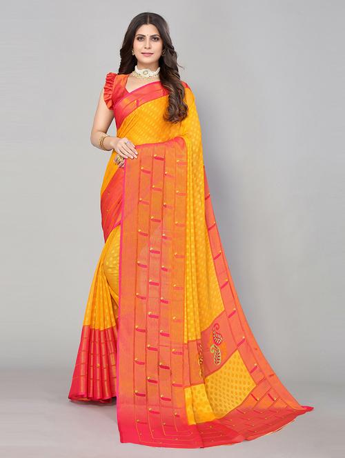 yellow woven self design saree with blouse - 19568439 - Very Small Image - 1