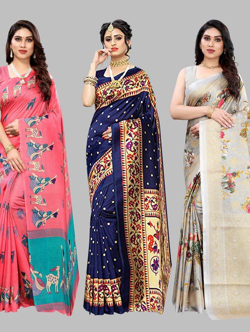 pack of 3 combo printed saree with blouse - 19568496 - Very Small Image - 1