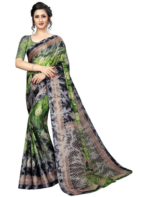 green silk blend printed woven saree with blouse - 19568538 - Very Small Image - 1