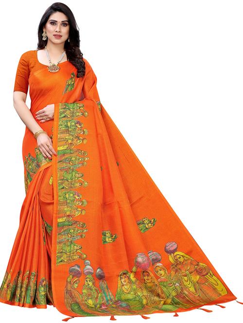 orange art silk printed woven saree with blouse - 19568556 - Very Small Image - 1
