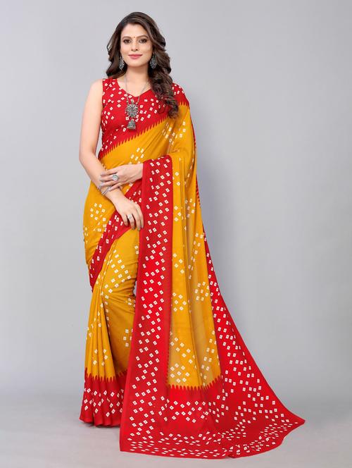 yellow georgette bandhani print saree with blouse - 19568604 - Very Small Image - 1