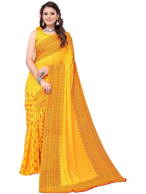 yellow georgette printed woven saree with blouse - 19568616 - Very Small Image - 1