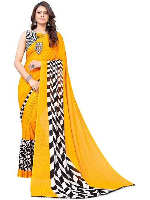 yellow georgette printed saree with blouse - 19568633 - Very Small Image - 1