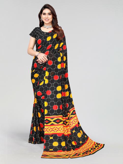 black georgette printed saree with blouse - 19568643 - Very Small Image - 1