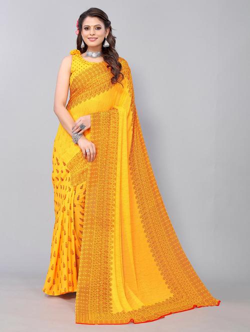 yellow georgette printed saree with blouse - 19568652 - Very Small Image - 1