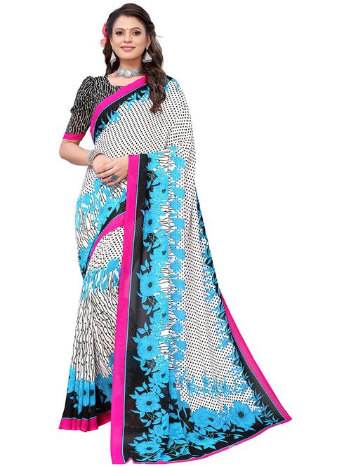 white georgette printed saree with blouse - 19568655 - Very Small Image - 1