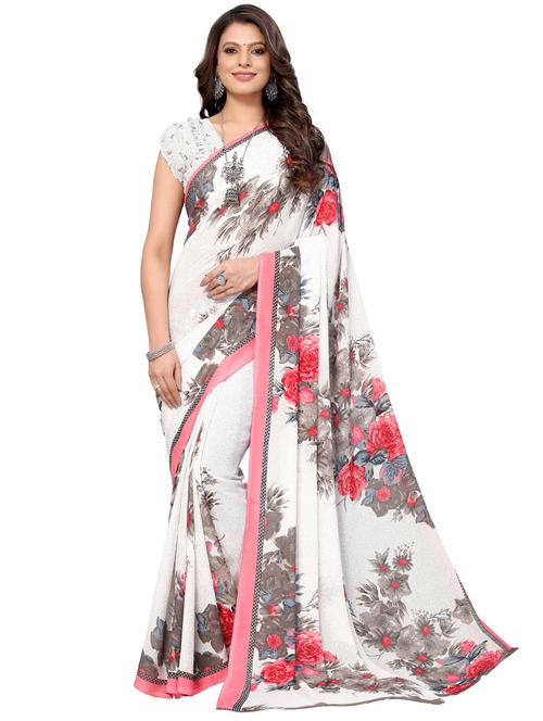 white georgette printed saree with blouse - 19568669 - Very Small Image - 1