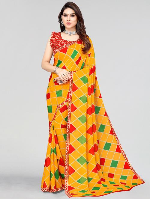 yellow georgette printed saree with blouse - 19568676 - Very Small Image - 1