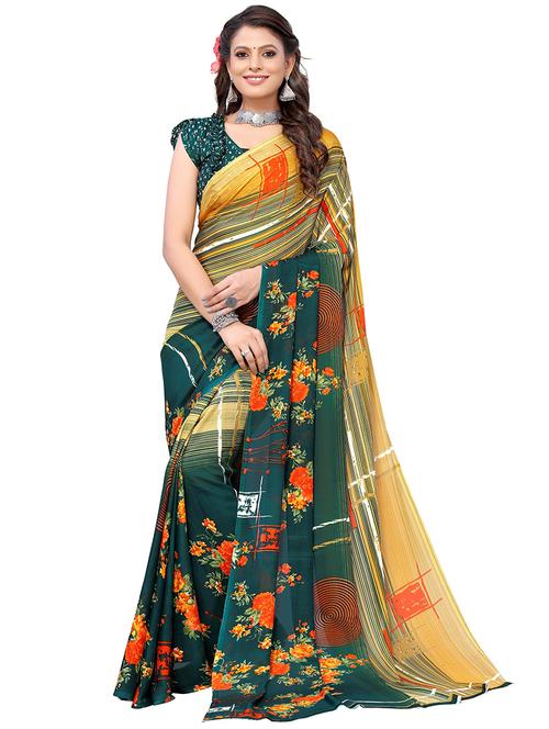 green georgette printed saree with blouse - 19568682 - Very Small Image - 1