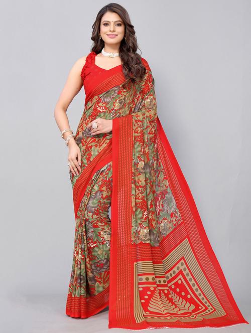red georgette printed saree with blouse - 19568687 - Very Small Image - 1