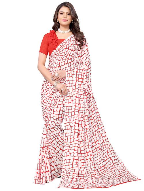 red georgette printed saree with blouse - 19568690 - Very Small Image - 1