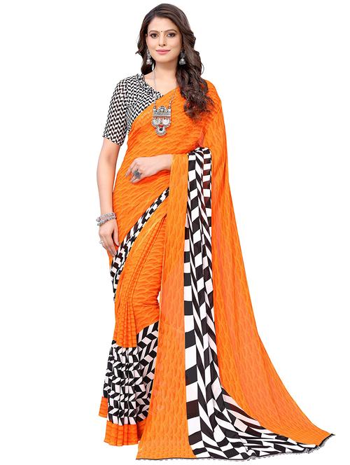 orange georgette printed saree with blouse - 19568703 - Very Small Image - 1