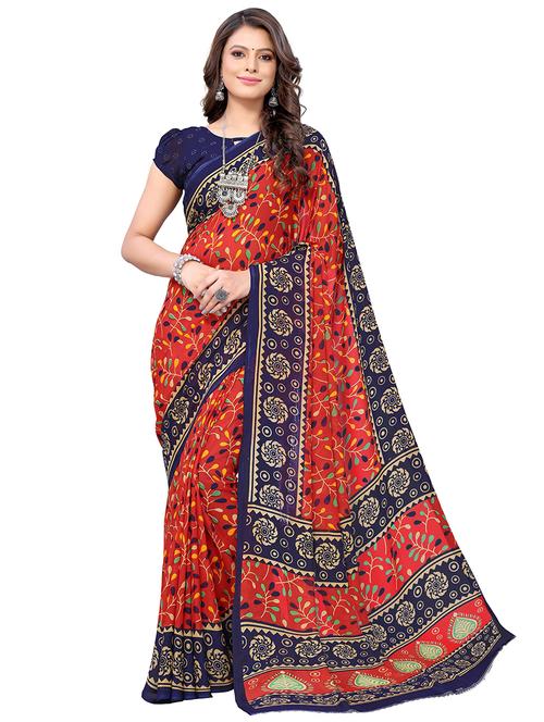 red georgette printed saree with blouse - 19568710 - Very Small Image - 1