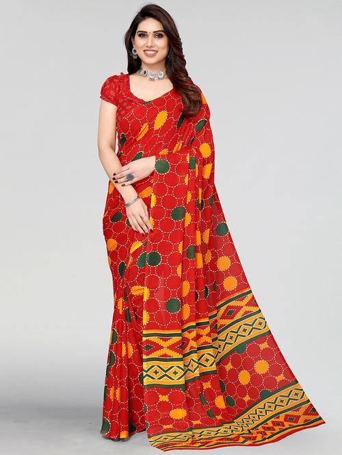 red georgette printed woven saree with blouse - 19568711 - Very Small Image - 1