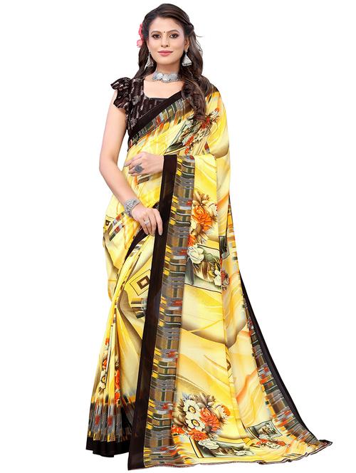 yellow georgette printed saree with blouse - 19568733 - Very Small Image - 1