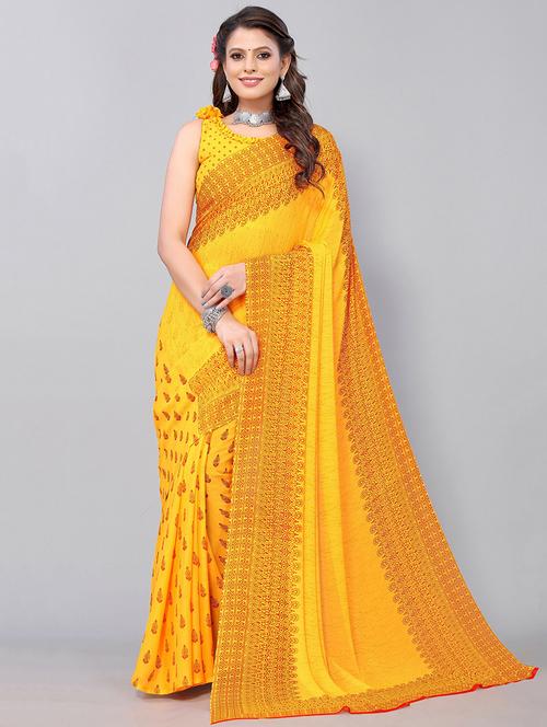yellow georgette printed saree with blouse - 19568752 - Very Small Image - 1