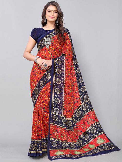 red georgette printed saree with blouse - 19568763 - Very Small Image - 1