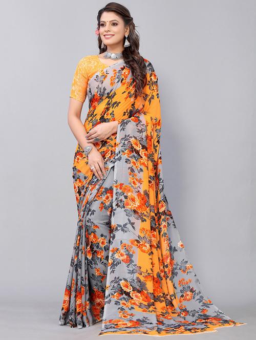orange georgette printed saree with blouse - 19568781 - Very Small Image - 1